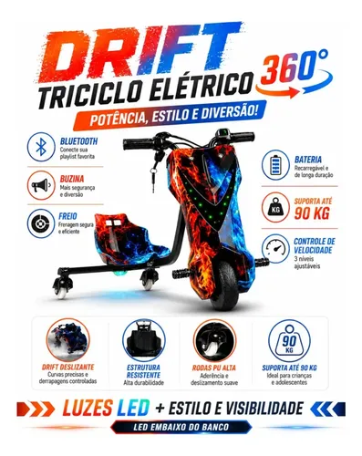 Triciclo Eletrico Drift Grande 350w 36v Suporta 90kg +brinde