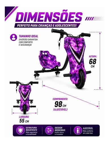 Triciclo Eletrico Drift Grande 350w 36v Suporta 90kg +brinde