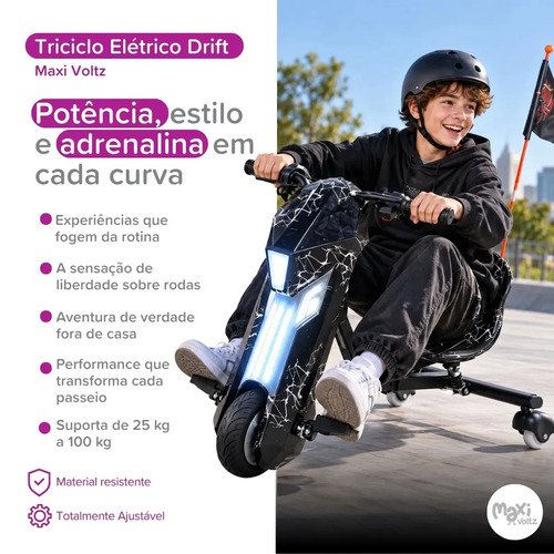 Triciclo Elétrico Drift Infantil 350w Potente 3 Velocidades até 100kg Bluetooth Led Skide Maxi Voltz - Preto