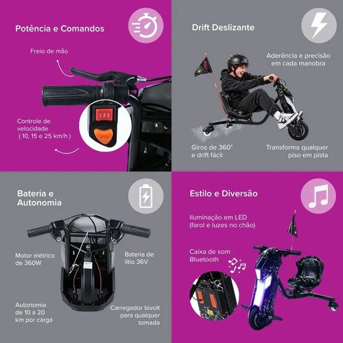 Triciclo Elétrico Drift Infantil 350w Potente 3 Velocidades até 100kg Bluetooth Led Skide Maxi Voltz - Preto