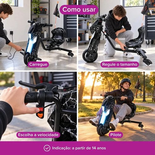 Triciclo Elétrico Drift Infantil 350w Potente 3 Velocidades até 100kg Bluetooth Led Skide Maxi Voltz - Preto