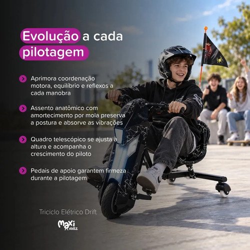 Triciclo Elétrico Drift Infantil 350w Potente 3 Velocidades até 100kg Bluetooth Led Skide Maxi Voltz - Preto