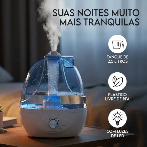 Umidificador De Ar Ultrassónico Bivolt 127v 220v Ambiente Portátil 360° Difusor De Aromas Aromatizador Silencioso Led Rgb Quarto Bebe Com Tanque De Água Grande De 2,5 Litros Grande Risemberg