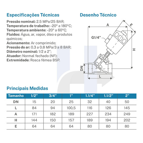 Válvula Pneumática Assento Inclinado 1/2 Pol. Dn15 Aço Inox