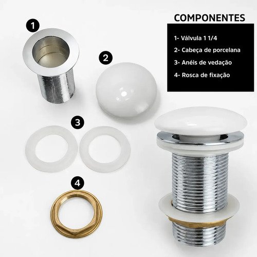 Válvula Porcelana De Click Lavatório Branca 1 1/4 Louça Branco Brilhante
