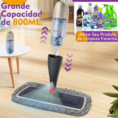 Vanova Mop Spray 360 Reservatório 800ml Cabeça Giratória 360 Microfibra Lavável 3 Panos Cabo de Alumínio Leve Para Piso Laminado Porcelanato Vinílico Madeira Selada