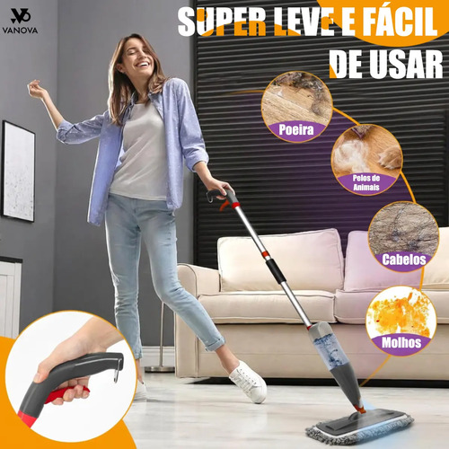 Vanova Mop Spray 360 Reservatório 800ml Cabeça Giratória 360 Microfibra Lavável 3 Panos Cabo de Alumínio Leve Para Piso Laminado Porcelanato Vinílico Madeira Selada
