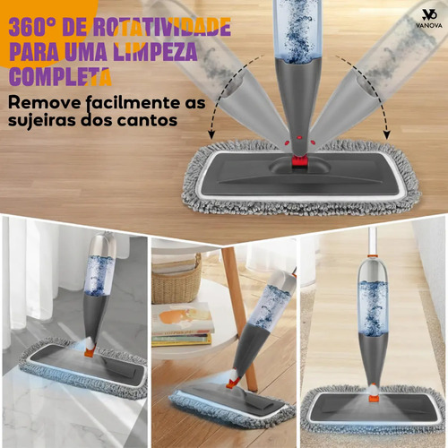 Vanova Mop Spray 360 Reservatório 800ml Cabeça Giratória 360 Microfibra Lavável 3 Panos Cabo de Alumínio Leve Para Piso Laminado Porcelanato Vinílico Madeira Selada