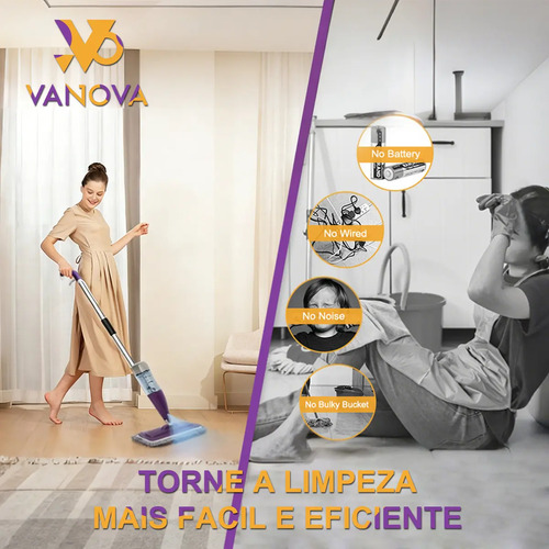 Vanova Mop Spray 360 Reservatório 800ml Cabeça Giratória 360 Microfibra Lavável 3 Panos Cabo de Alumínio Leve Para Piso Laminado Porcelanato Vinílico Madeira Selada