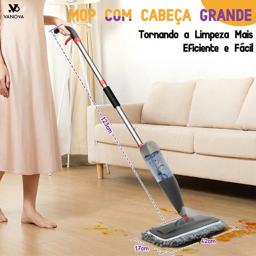 Vanova Mop Spray 360 Reservatório 800ml Cabeça Giratória 360 Microfibra Lavável 3 Panos Cabo de Alumínio Leve Para Piso Laminado Porcelanato Vinílico Madeira Selada