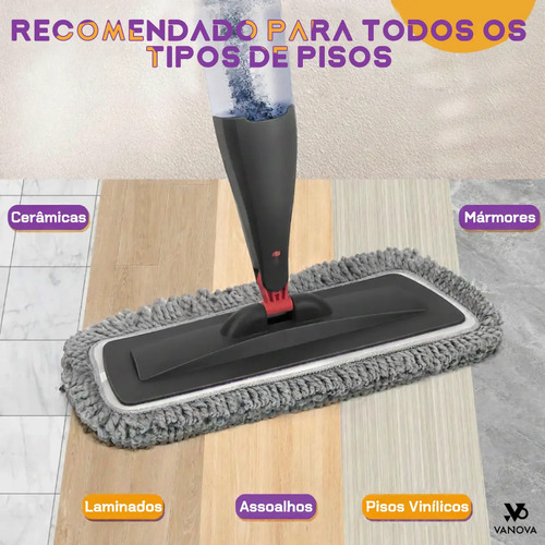 Vanova Mop Spray 360 Reservatório 800ml Cabeça Giratória 360 Microfibra Lavável 3 Panos Cabo de Alumínio Leve Para Piso Laminado Porcelanato Vinílico Madeira Selada