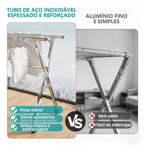 Varal Chão Roupa Retrátil 3 Andares Dobrável Aço Inoxidávelrodas 80kg Gaonas Varal De Chão Grande De Roupas, 20 * Ganchos À Prova De Vento, 12 * Clipes, 4 * Sapateiras