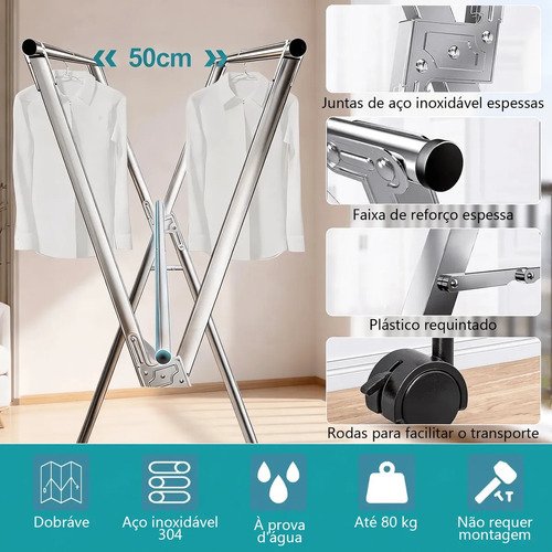 Varal Chão Roupa Retrátil 3 Andares Dobrável Aço Inoxidávelrodas 80kg Gaonas Varal De Chão Grande De Roupas, 20 * Ganchos À Prova De Vento, 12 * Clipes, 4 * Sapateiras