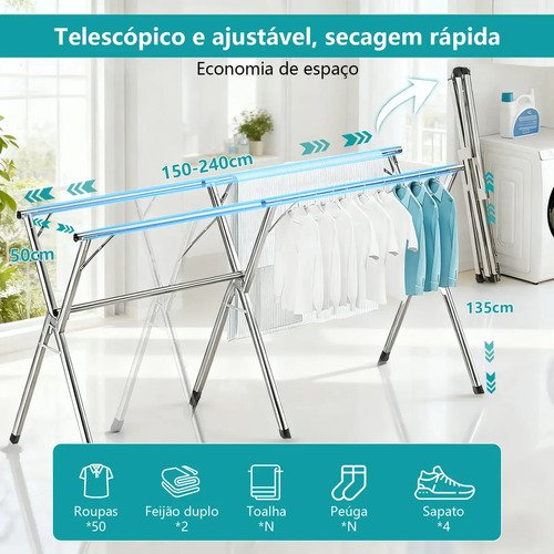 Varal Chão Roupa Retrátil 3 Andares Dobrável Aço Inoxidávelrodas 80kg Gaonas Varal De Chão Grande De Roupas, 20 * Ganchos À Prova De Vento, 12 * Clipes, 4 * Sapateiras