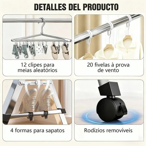 Varal Chão Roupa Retrátil 3 Andares Dobrável Aço Inoxidávelrodas 80kg Gaonas Varal De Chão Grande De Roupas, 20 * Ganchos À Prova De Vento, 12 * Clipes, 4 * Sapateiras