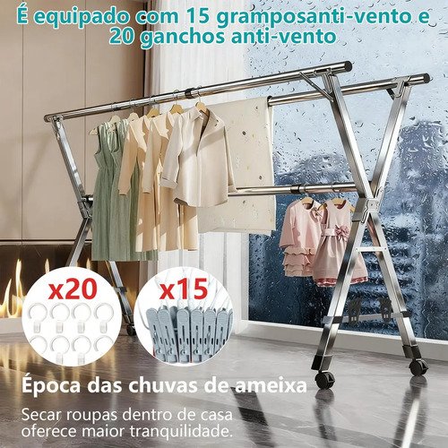 Varal Chão Roupa Retrátil 3 Andares Dobrável Aço Inoxidávelrodas 80kg Gaonas Varal De Chão Grande De Roupas, 20 * Ganchos À Prova De Vento, 12 * Clipes, 4 * Sapateiras