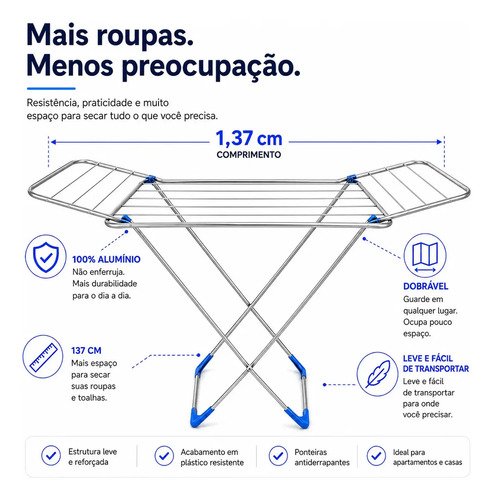 Varal De Chao C/ Abas 100% Aluminio 137cm Reforçado Dobrável Prateado