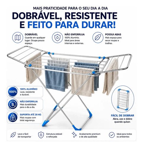 Varal De Chao C/ Abas 100% Aluminio 137cm Reforçado Dobrável Prateado