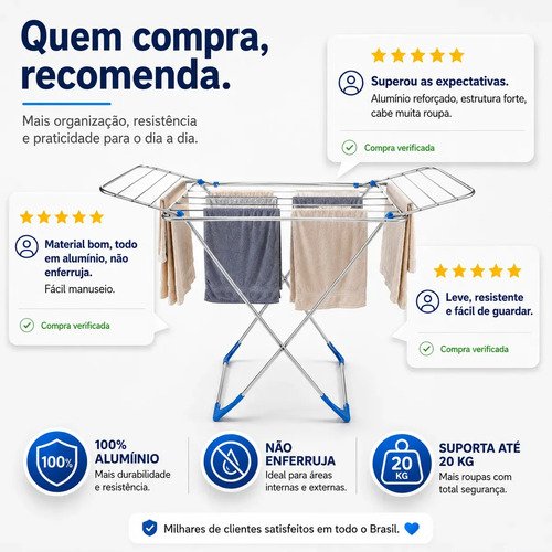 Varal De Chao C/ Abas 100% Aluminio 137cm Reforçado Dobrável Prateado