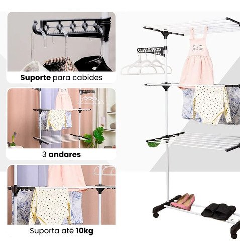 Varal de Chão Dobrável KONTUZ 3 Andares e Rodinhas