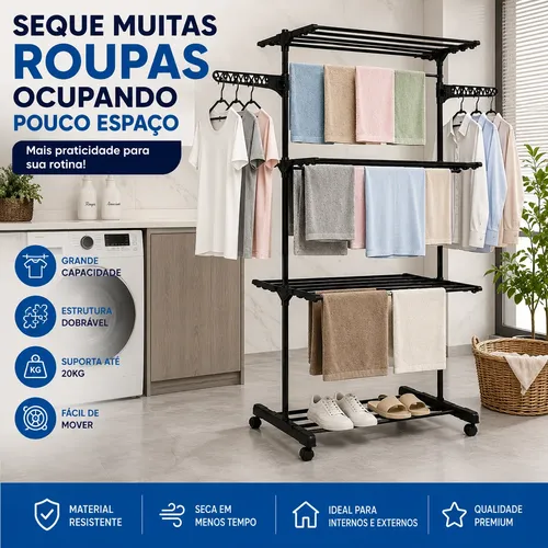 Varal De Chão Grande 3 Andares Dobrável Retratil Resistente
