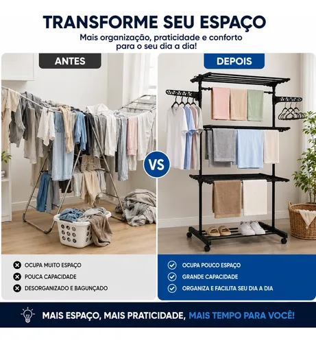 Varal De Chão Grande 3 Andares Dobrável Retratil Resistente