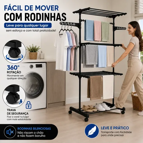 Varal De Chão Grande 3 Andares Dobrável Retratil Resistente