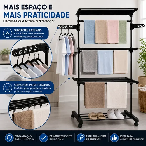 Varal De Chão Grande 3 Andares Dobrável Retratil Resistente