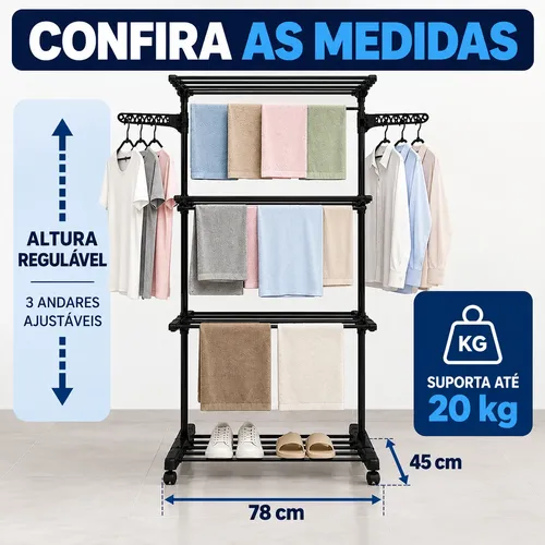 Varal De Chão Grande 3 Andares Dobrável Retratil Resistente