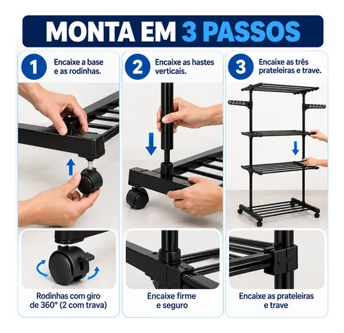Varal De Chão Grande 3 Andares Dobrável Retratil Resistente