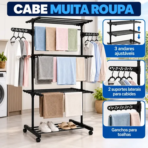 Varal De Chão Grande 3 Andares Dobrável Retratil Resistente