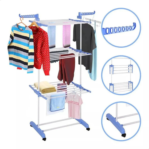 Varal de chao grande de roupas 3 andares dobravel cor azul k 1