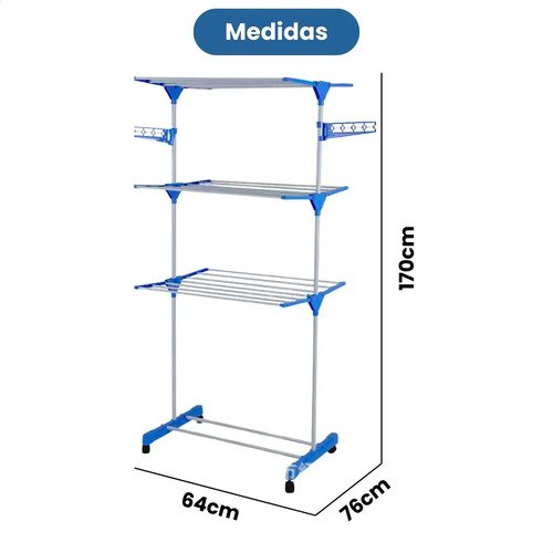 Varal De Chão Grande De Roupas 3 Andares Dobrável Cor Azul Kontuz 170 cm