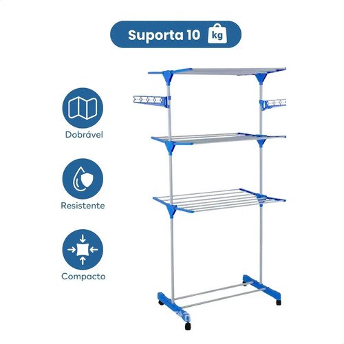 Varal De Chão Grande De Roupas 3 Andares Dobrável Cor Azul Kontuz 170 cm