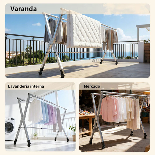 Varal De Chão Grande De Roupas 3 Níveis Dobrável Rodinhas