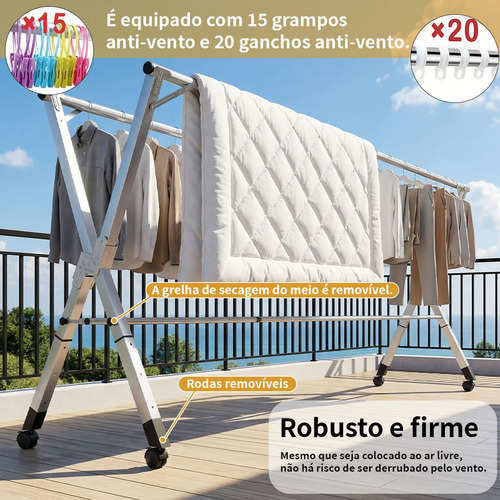 Varal De Chão Grande De Roupas 3 Níveis Dobrável Rodinhas
