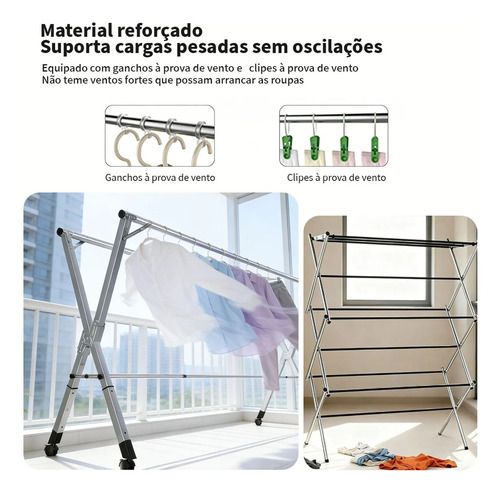 Varal De Chão Grande De Roupas 3 Níveis Dobrável Rodinhas