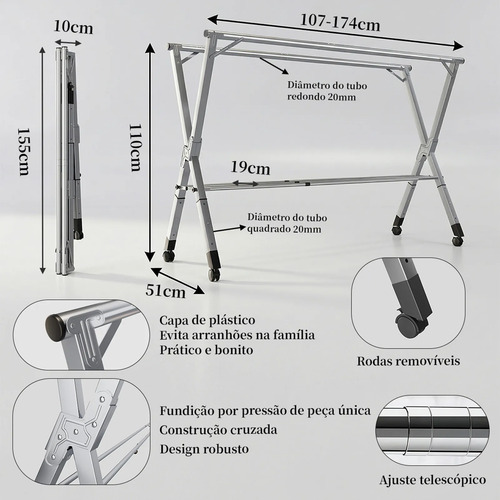 Varal De Chão Grande De Roupas 3 Níveis Dobrável Rodinhas