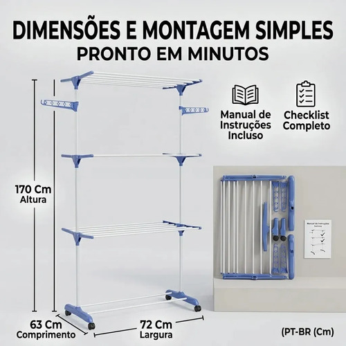 Varal de Chão Retrátil Swave com 3 Andares Dobrável para Roupas