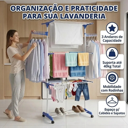 Varal de Chão Retrátil Swave com 3 Andares Dobrável para Roupas