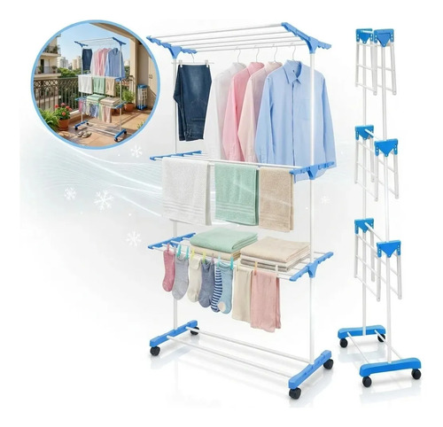 Varal de chao vertical dobravel 3 andares com rodas aco refo