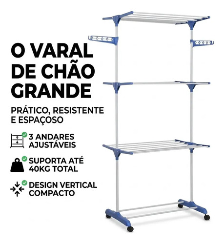 Varal De Chão Vertical Dobrável 3 Andares Com Rodas Aço Reforçado Capacidade 40Kg Torre Para Secar Roupas Compacto Portátil Multifuncional Para Casa Apartamento Lavanderia - Shokki