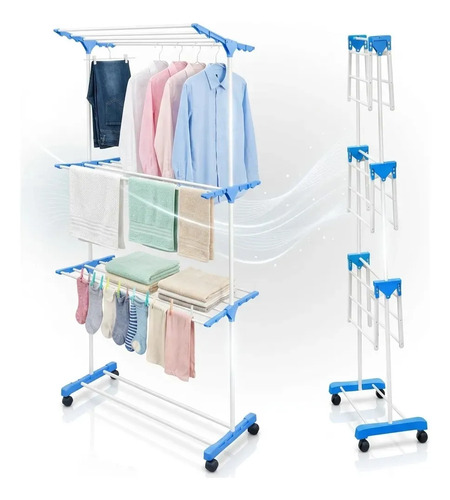 Varal De Chão Vertical Dobrável 3 Andares Com Rodas Aço Reforçado Capacidade 40Kg Torre Para Secar Roupas Compacto Portátil Multifuncional Para Casa Apartamento Lavanderia - Shokki