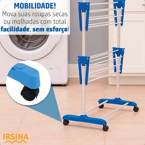Varal Dobrável De Chão 3 Andares De Roupas Grande com Rodinha Resistente Durável Irsina