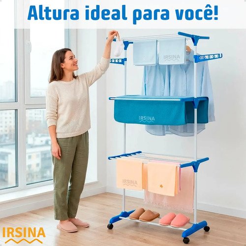 Varal Dobrável De Chão 3 Andares De Roupas Grande com Rodinha Resistente Durável Irsina