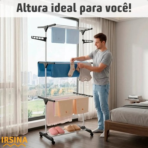 Varal Dobrável De Chão 3 Andares De Roupas Grande Com Rodinha Resistente Durável Irsina