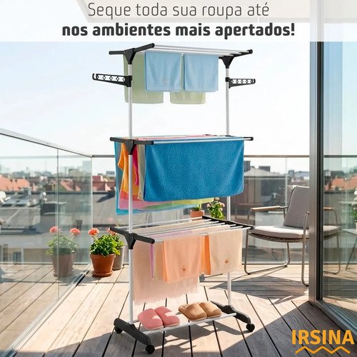Varal Dobrável De Chão 3 Andares De Roupas Grande Com Rodinha Resistente Durável Irsina
