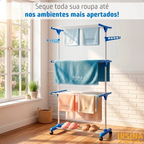 Varal Dobrável De Chão 3 Andares De Roupas Grande com Rodinha Resistente Durável Irsina