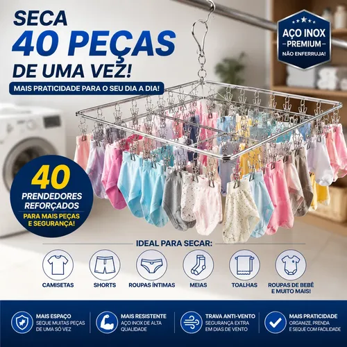 Varal Inox Suspenso 40 Prendedores Fixos Para Secagem Roupas