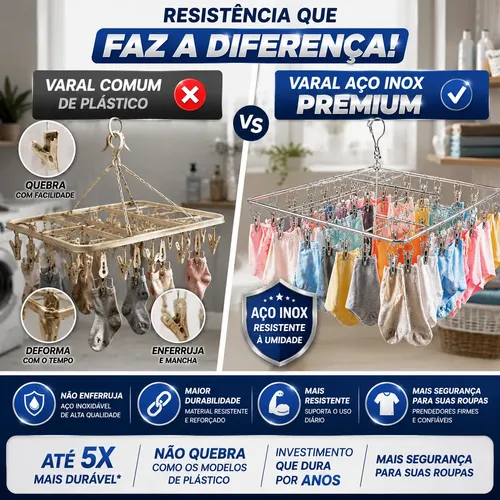 Varal Inox Suspenso 40 Prendedores Fixos Para Secagem Roupas